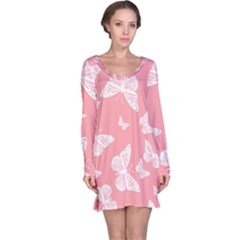 Pink And White Butterflies Long Sleeve Nightdress by SpinnyChairDesigns