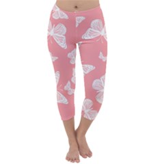 Pink And White Butterflies Capri Winter Leggings  by SpinnyChairDesigns