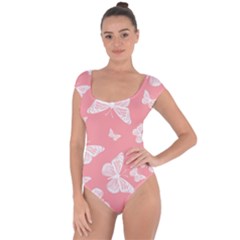 Pink And White Butterflies Short Sleeve Leotard  by SpinnyChairDesigns