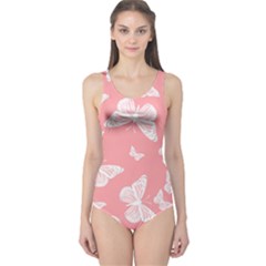 Pink And White Butterflies One Piece Swimsuit by SpinnyChairDesigns