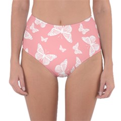 Pink And White Butterflies Reversible High-waist Bikini Bottoms by SpinnyChairDesigns