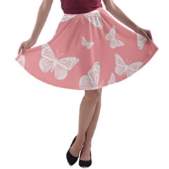 Pink And White Butterflies A-line Skater Skirt by SpinnyChairDesigns