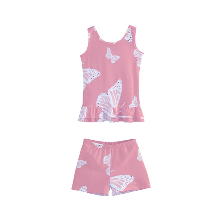 Pink and White Butterflies Kids  Boyleg Swimsuit