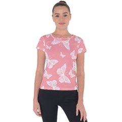 Pink And White Butterflies Short Sleeve Sports Top  by SpinnyChairDesigns