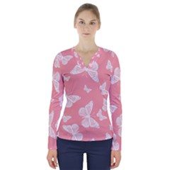 Pink And White Butterflies V-neck Long Sleeve Top by SpinnyChairDesigns