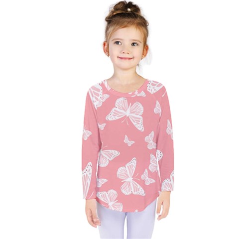 Pink And White Butterflies Kids  Long Sleeve Tee by SpinnyChairDesigns