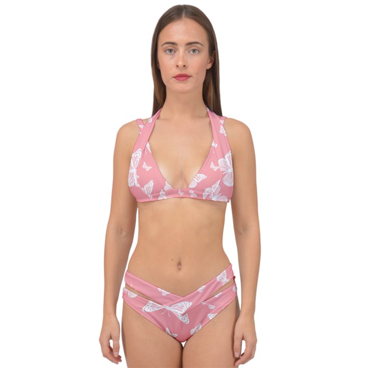 Pink and White Butterflies Double Strap Halter Bikini Set