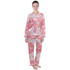 Pink And White Butterflies Satin Long Sleeve Pyjamas Set by SpinnyChairDesigns