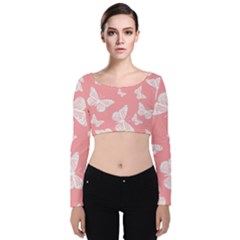 Pink And White Butterflies Velvet Long Sleeve Crop Top by SpinnyChairDesigns