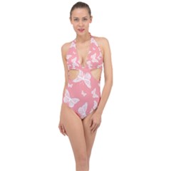 Pink And White Butterflies Halter Front Plunge Swimsuit by SpinnyChairDesigns