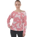 Pink and White Butterflies Off Shoulder Long Sleeve Velour Top View1