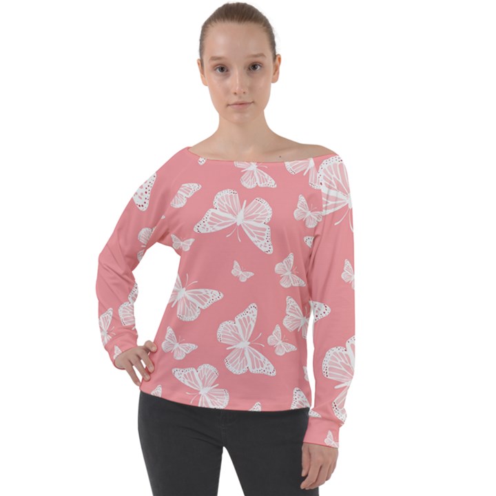 Pink and White Butterflies Off Shoulder Long Sleeve Velour Top