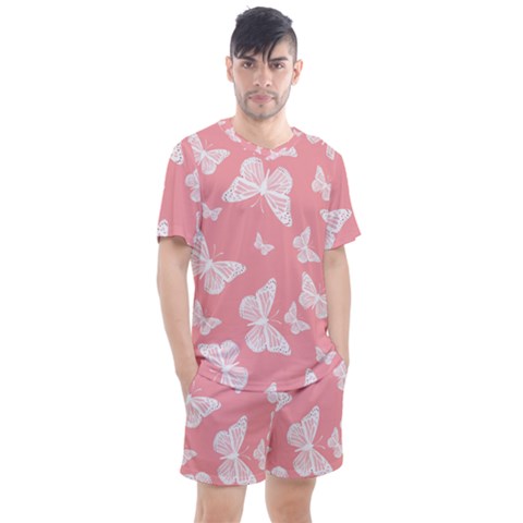 Pink And White Butterflies Men s Mesh Tee And Shorts Set by SpinnyChairDesigns