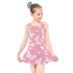 Pink And White Butterflies Kids  Skater Dress Swimsuit by SpinnyChairDesigns