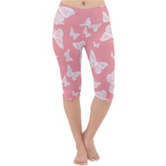 Pink And White Butterflies Lightweight Velour Cropped Yoga Leggings by SpinnyChairDesigns