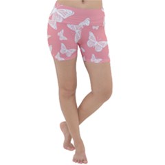 Pink And White Butterflies Lightweight Velour Yoga Shorts by SpinnyChairDesigns