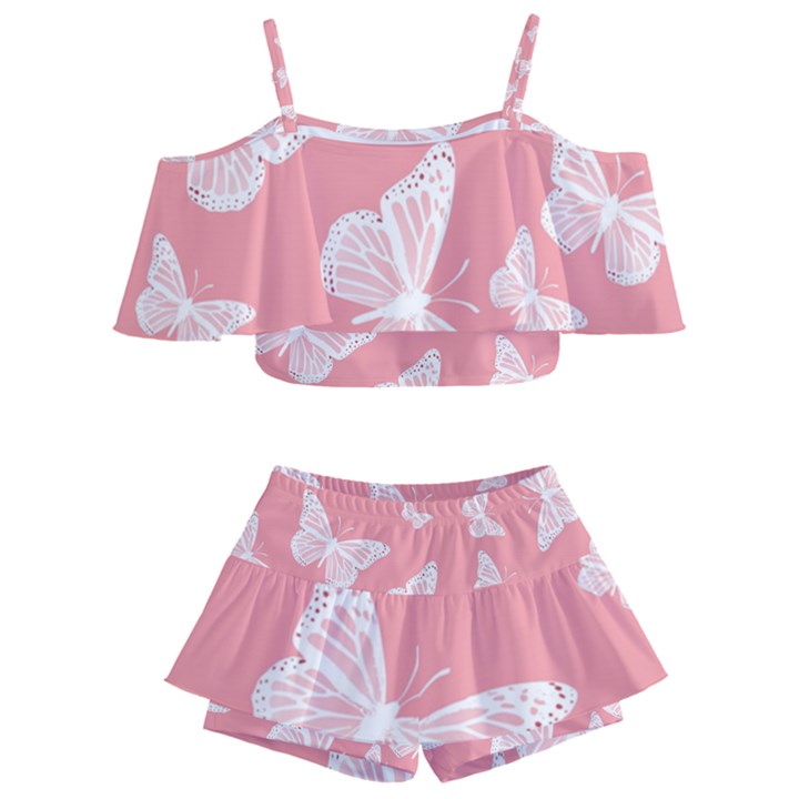 Pink and White Butterflies Kids  Off Shoulder Skirt Bikini