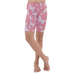 Pink And White Butterflies Kids  Lightweight Velour Cropped Yoga Leggings by SpinnyChairDesigns