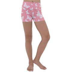 Pink And White Butterflies Kids  Lightweight Velour Yoga Shorts by SpinnyChairDesigns