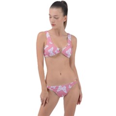 Pink And White Butterflies Ring Detail Crop Bikini Set by SpinnyChairDesigns