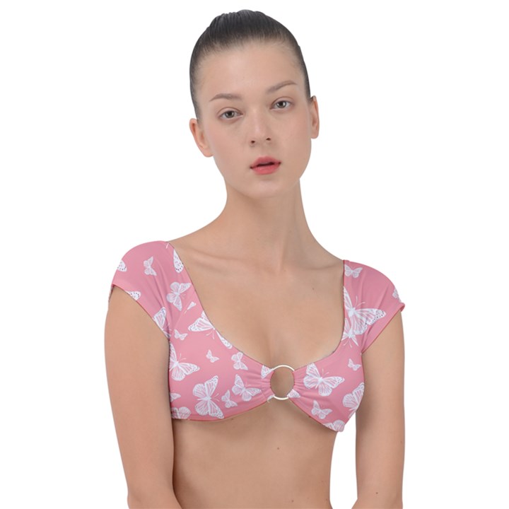 Pink and White Butterflies Cap Sleeve Ring Bikini Top