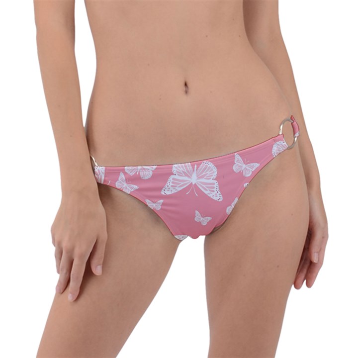 Pink and White Butterflies Ring Detail Bikini Bottom