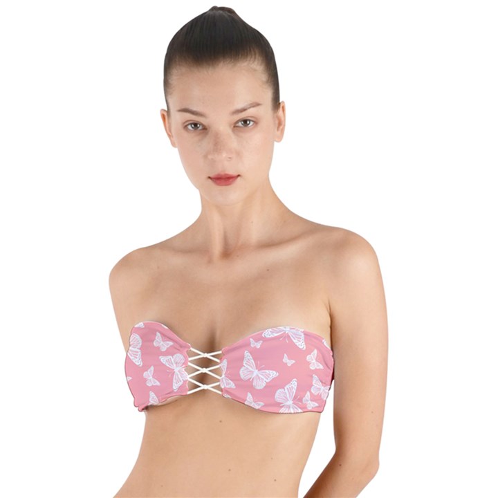 Pink and White Butterflies Twist Bandeau Bikini Top