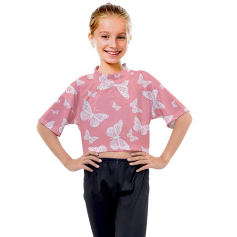 Pink And White Butterflies Kids Mock Neck Tee by SpinnyChairDesigns