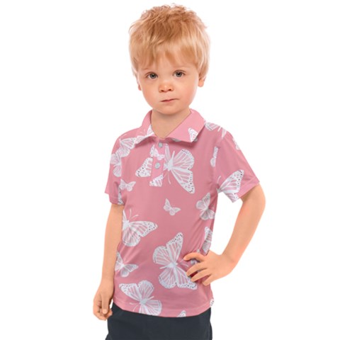 Pink And White Butterflies Kids  Polo Tee by SpinnyChairDesigns