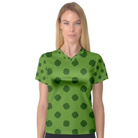 Green Four Leaf Clover Pattern V-neck Sport Mesh Tee by SpinnyChairDesigns