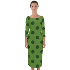 Green Four Leaf Clover Pattern Quarter Sleeve Midi Bodycon Dress by SpinnyChairDesigns