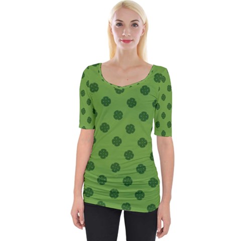 Green Four Leaf Clover Pattern Wide Neckline Tee by SpinnyChairDesigns