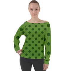 Green Four Leaf Clover Pattern Off Shoulder Long Sleeve Velour Top