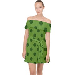 Green Four Leaf Clover Pattern Off Shoulder Chiffon Dress by SpinnyChairDesigns