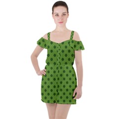 Green Four Leaf Clover Pattern Ruffle Cut Out Chiffon Playsuit by SpinnyChairDesigns