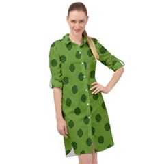 Green Four Leaf Clover Pattern Long Sleeve Mini Shirt Dress by SpinnyChairDesigns