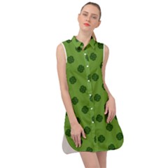 Green Four Leaf Clover Pattern Sleeveless Shirt Dress by SpinnyChairDesigns