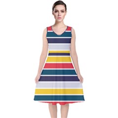 Horizontal Colored Stripes V-neck Midi Sleeveless Dress  by tmsartbazaar