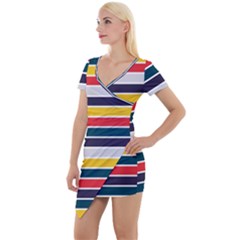 Horizontal Colored Stripes Short Sleeve Asymmetric Mini Dress by tmsartbazaar