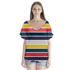 Horizontal Colored Stripes V-neck Flutter Sleeve Top by tmsartbazaar