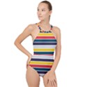 Horizontal Colored Stripes High Neck One Piece Swimsuit View1