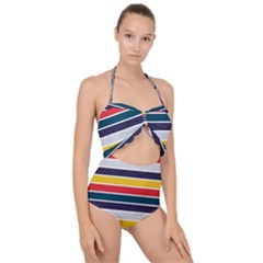 Horizontal Colored Stripes Scallop Top Cut Out Swimsuit by tmsartbazaar