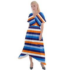 Ocean Blue Stripes Cross Front Sharkbite Hem Maxi Dress by tmsartbazaar