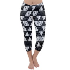 Black And White Triangles Pattern Capri Winter Leggings  by SpinnyChairDesigns