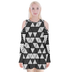 Black And White Triangles Pattern Velvet Long Sleeve Shoulder Cutout Dress by SpinnyChairDesigns