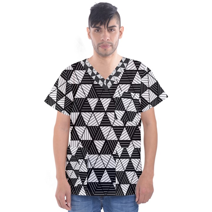 Black and White Triangles Pattern Men s V-Neck Scrub Top