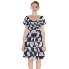 Black And White Triangles Pattern Short Sleeve Bardot Dress by SpinnyChairDesigns