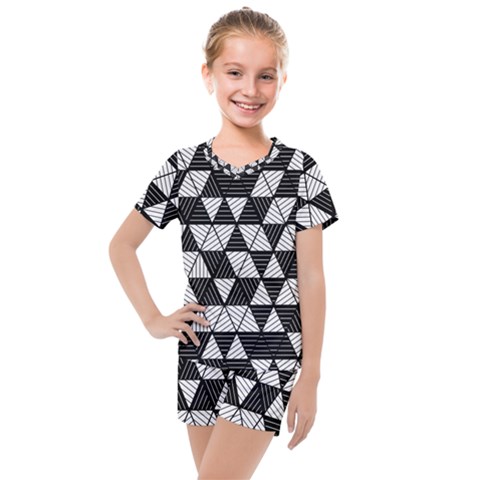 Black And White Triangles Pattern Kids  Mesh Tee And Shorts Set by SpinnyChairDesigns