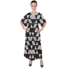 Black And White Triangles Pattern V-neck Boho Style Maxi Dress by SpinnyChairDesigns