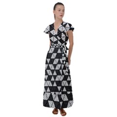 Black And White Triangles Pattern Flutter Sleeve Maxi Dress by SpinnyChairDesigns